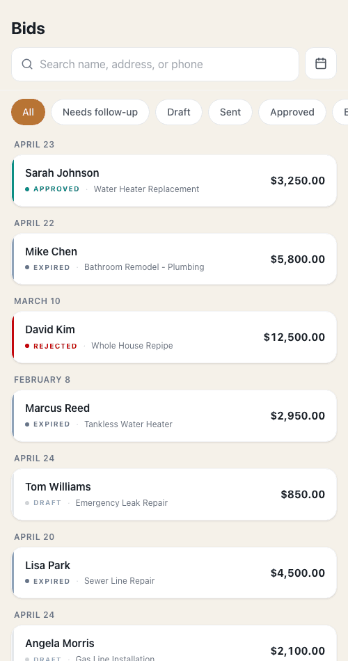 BidRise bid list showing approved, sent, and draft bids with totals