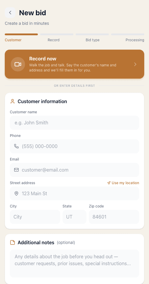 BidRise new bid screen with the Record now button